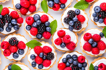 Top view of shortbread tartlets with whipped cream and berries. - obrazy, fototapety, plakaty