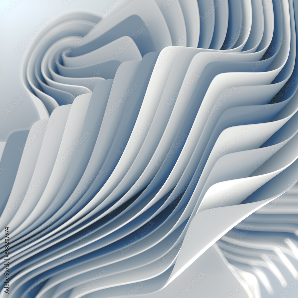 Fototapete three-dimensional visualization of a large stack of white and blue papers resembling a wave. 3d rend