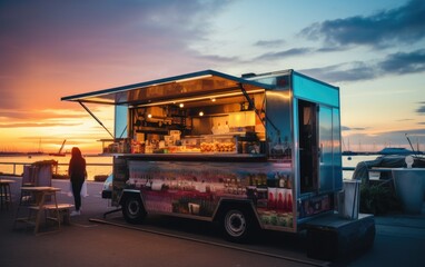 Open food truck of street food
