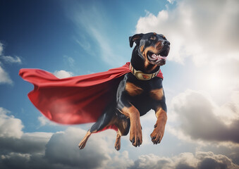 Funny photo of a Rottweiler dog flying through the clounds in a blue sky wearing a red super hero cape