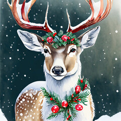 a snowy dear with a decorated horns