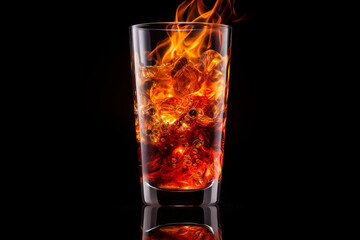 Fototapeta na wymiar Golden Splash shot glass with fire, black background