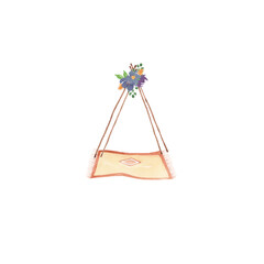 Watercolor wooden teepee, bohemian rustic wedding decoration with carpet and purple bouquet. Isolated illustration. Wedding gate. Boho chic tipi.