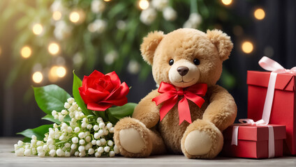 Cute funny teddy bear toy, with a gift box with a bow, with bouquets of lily of the valley flowers creative