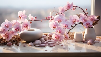 Luxurious combination: orchids against the background of smooth stones.
