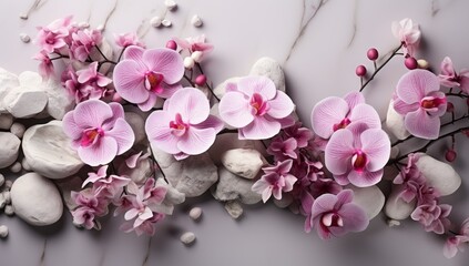 Naklejka na ściany i meble White background, orchids and stones: an idyll of nature. 