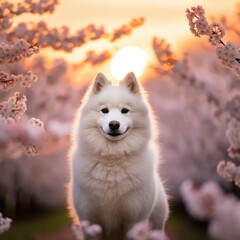 Obraz premium Cherry Blossom Frolic: A Japanese Spitz at Sunset