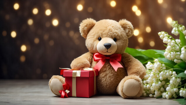 Cute funny teddy bear toy, with a gift box with a bow, with bouquets of lily of the valley flowers bokeh