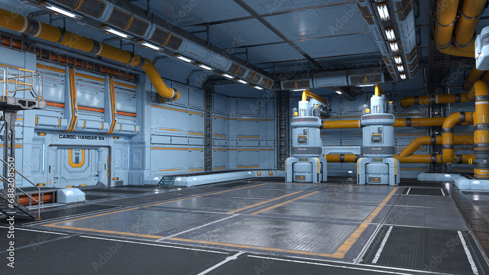 Poster large futuristic sci-fi space station hangar interior. 3d rendering.