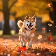 Autumn Frolic: A Shiba Inu's Dance with Leaves