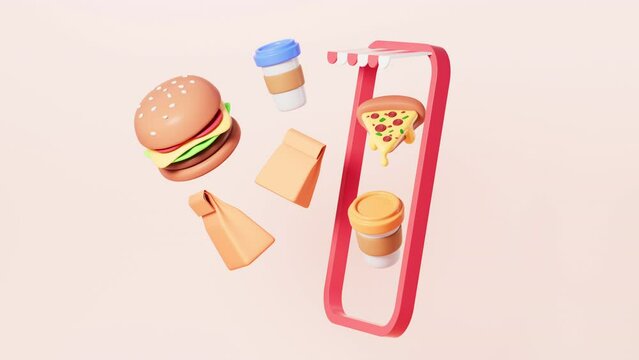 Cartoon hamburger , pizza , coffee and so on, take-out and fast food, 3d rendering.