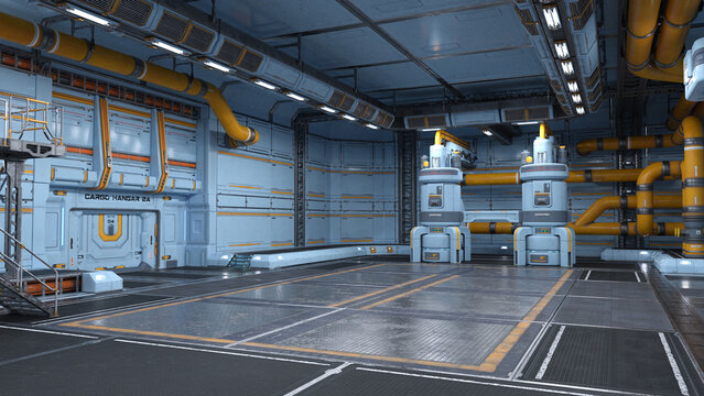 Large futuristic sci-fi space station hangar interior. 3D rendering.