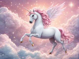 a white fairy unicorn with a pink mane and white wings jumps on pink clouds - obrazy, fototapety, plakaty
