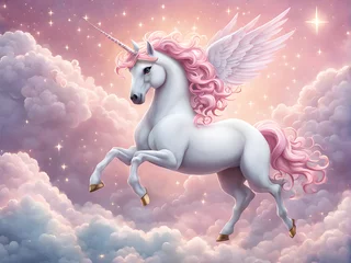 Fototapeten a white fairy unicorn with a pink mane and white wings jumps on pink clouds © Ocharonata