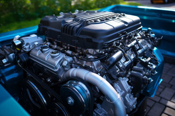 Fototapeta premium Close-up of a car's gasoline engine. Concept for the automotive and mechanical industry.