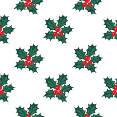 Seamless holly pattern. Christmas holly berry. Symbol of Christmas and New Year. Vector illustration.