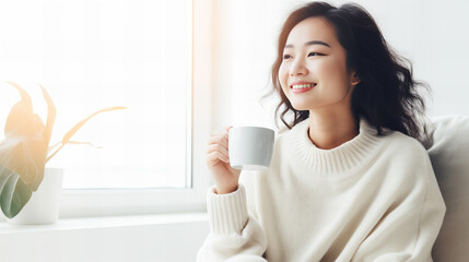 Serene Morning - Asian Woman Enjoying Coffee by Window