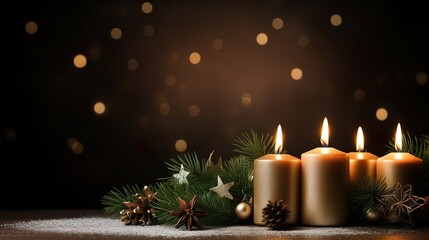 Christmas composition with burning white candles and Christmas tree with decorations on a golden bokeh background, copy space. Christmas or New Year decoration close-up.