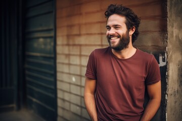 Fototapeta premium Happy man with beard laughing wearing a casual t-shirt in an urban setting