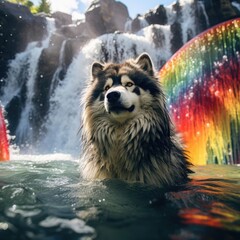 Fototapeta premium Alaskan Malamute's Tropical Waterfall Swim with Rainbow Parrots as DSLR Cameras Capture the Scene