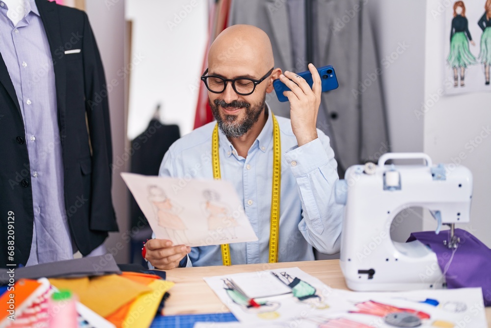 Poster young bald man tailor listening voice message by smartphone looking clothing design at tailor shop