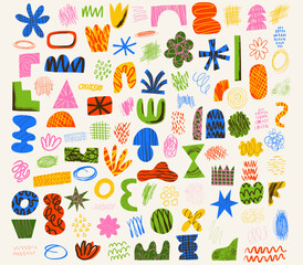 Aesthetics Abstract contemporary shapes with hand drawn textured spots, scribble and lines. Vibrant grunge geometric brutalism y2k 2000s print. Modern collage vector illustration