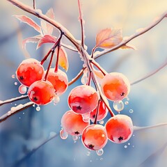 branches of viburnum tree with bright juicy red clusters of berries covered with ice and snow during a cold rain in the winter garden - obrazy, fototapety, plakaty