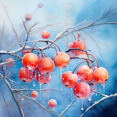 Fototapeta na wymiar Winter frozen viburnum under the snow. Viburnum in the snow. Red berries. Wonderful winter. Hoarfrost