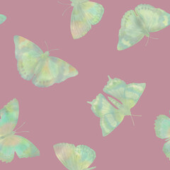 abstract green butterflies on a pink background, Seamless pattern for design