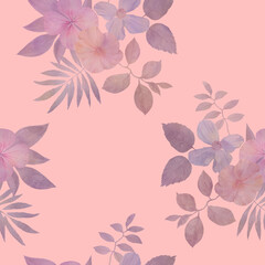 seamless botanical pattern, watercolor flowers with leaves on a pink background