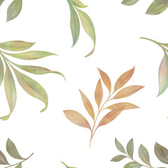 watercolor leaves, abstract seamless botanical pattern on white background, for invitation card design