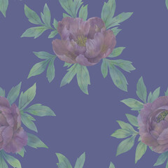 seamless abstract pattern, watercolor wallpaper, painted peony flowers, on a blue background