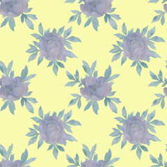 Fototapeta na wymiar Seamless floral pattern with peony flowers and green leaves on a green background, watercolor. Design of templates for interior, clothing, wallpaper, textiles.