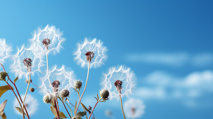 fluffy white dandelions on a blue background.