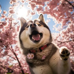 Springtime Frisbee Fun with Alaskan Malamute in Cherry Blossom Park