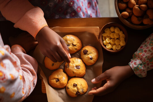 Top view close up of an African mother and daughter cooking heart-shaped mold cookies in the kitchen. National Cookie Day