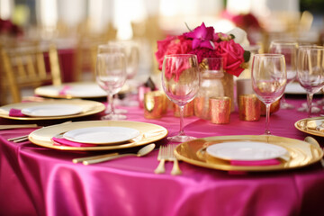 Elegant table setting with gold-rimmed plates and wine glasses on a fuchsia tablecloth, accented with roses and golden votives.