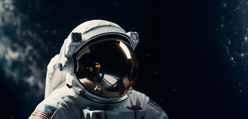 Head shot of spaceman or astronaut with background of space - obrazy, fototapety, plakaty