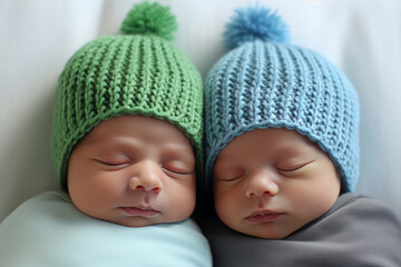 Newborn twins asleep wearing knitted green and blue hats, wrapped in coordinating swaddle blankets, against a white backdrop.