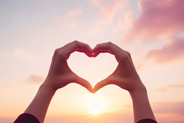 Man's and a woman's hands forming a heart shape against a soft vanilla sky.