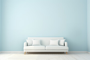 A light pastel blue wall and a white couch, copy space