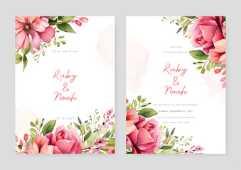 Pink rose and cosmos luxury wedding invitation with golden line art flower and botanical leaves, shapes, watercolor