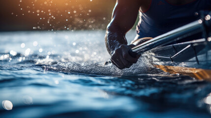 Close-up of rower's powerful stroke on reflective water