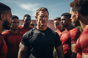 A strength and conditioning coach explains to athletes on a football team how to perform exercises. Teamwork, motivation. Outdoor training. - Powered by Adobe