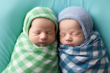 Sleeping newborn twins in green and blue plaid swaddles with matching hats, lying against a turquoise background. - obrazy, fototapety, plakaty
