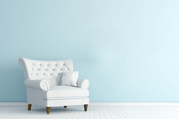 A light pastel blue wall and a white arm-chair
