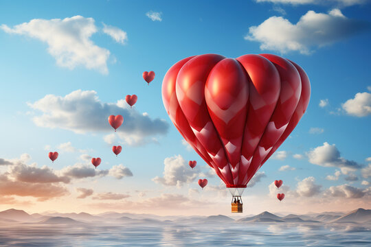 Beautiful red air balloon heart shape against blue and pink pastel sky in a sunny bright morning. Romantic trip moment love on Valentine's Day. Sport and recreation travel theme. Copy paste text place