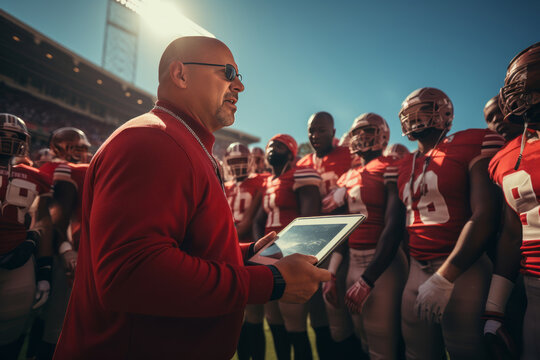 Close-up of a coach wearing a T-shirt watching the game on the field. Takes notes on a tablet. Team players in the background. The coach studies the game strategy.