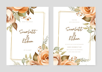Fototapeta premium Beige rose vector wedding invitation card set template with flowers and leaves watercolor
