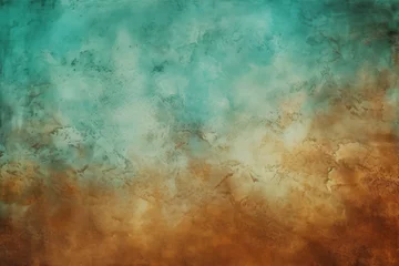 Foto op Plexiglas textured abstract background with a gradient of teal and amber hues, resembling a watercolor sky or a patina surface, ideal for creative designs. © Enigma